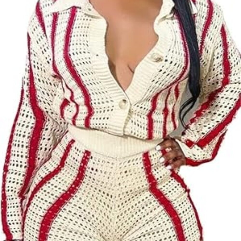 *NEVER WORN* Wmn Sxy 2 Pcs Stpe Prted Knted Swter Jkets Bcon Shrts Prty SZ M - Picture 5 of 5